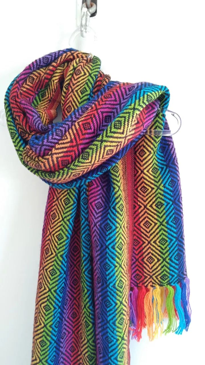 Cachecol Arco-íris Peruano Echarpe Xale Lã de Alpaca Original