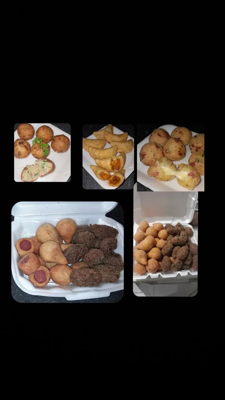 Pizza, salgadinhos e mini pizza.