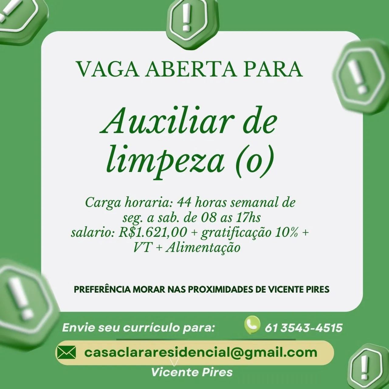 Vaga Auxiliar de Limpeza - Vagas de emprego - Setor Habitacional ...