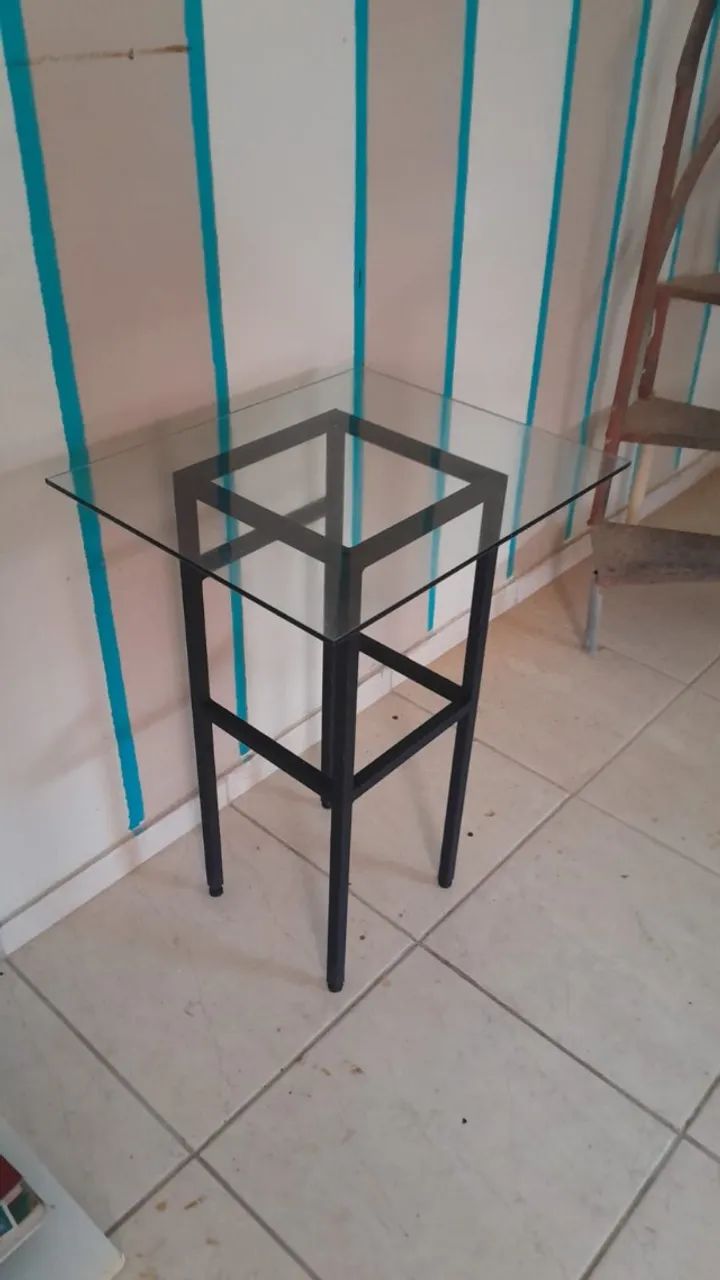 Mesa Canto Lateral Estilo Industrial Ferro Vidro Loft