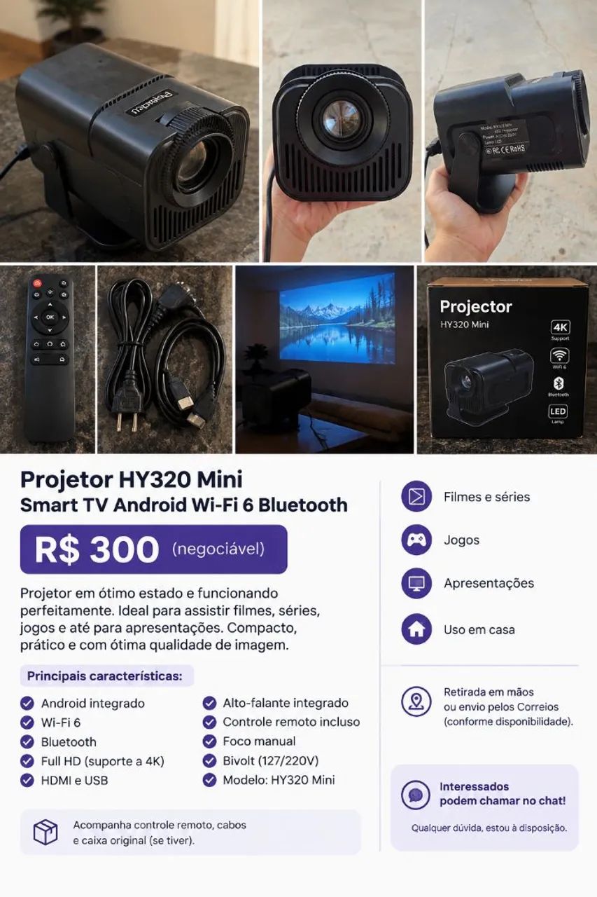 Projetor HY320 Smart TV Android Wi-Fi 6 Bluetooth - Foto 4