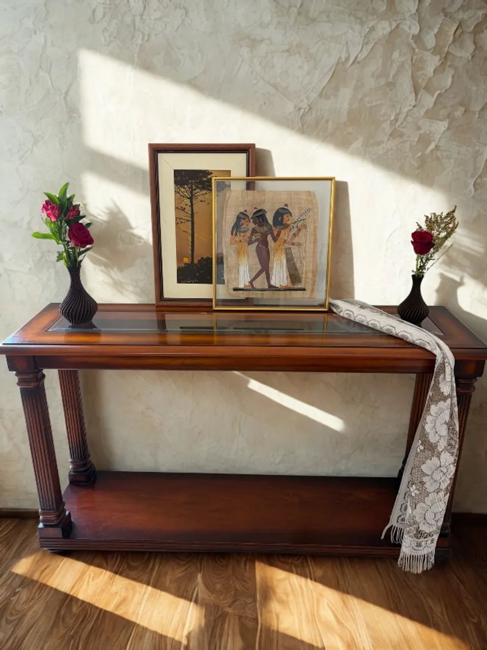 Mesa de entrada - madeira e vidro - marcenaria única