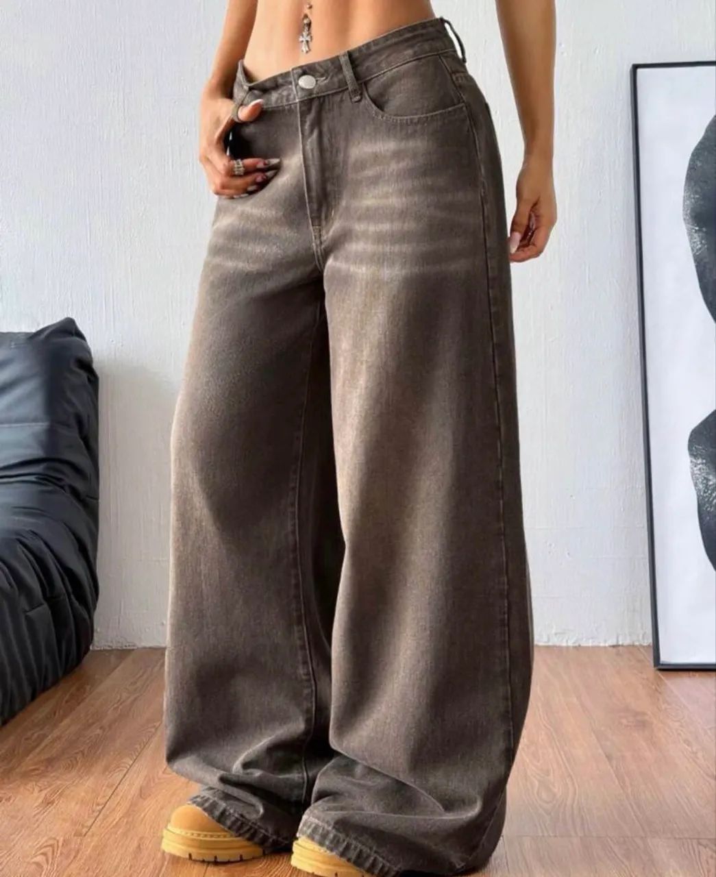 Calça jeans wide leg/baggy marrom