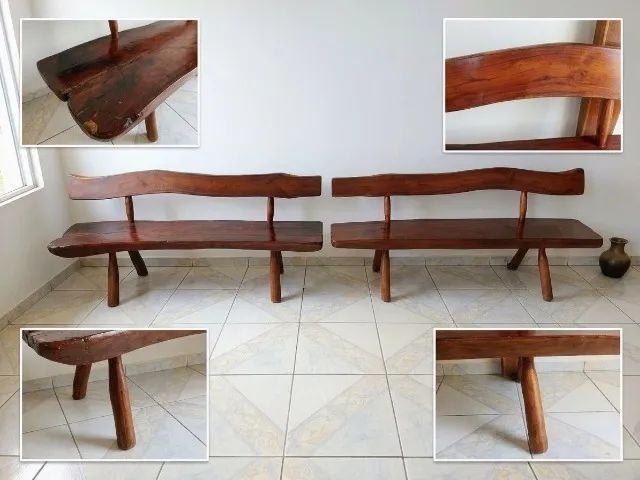 Bancos Rústicos de Madeira Maciça com Encosto Orgânico - Peça Artesanal - Foto 3