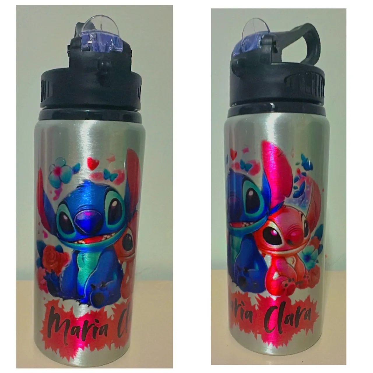 Garrafa de água personalizada Stitch - Maria e Clara