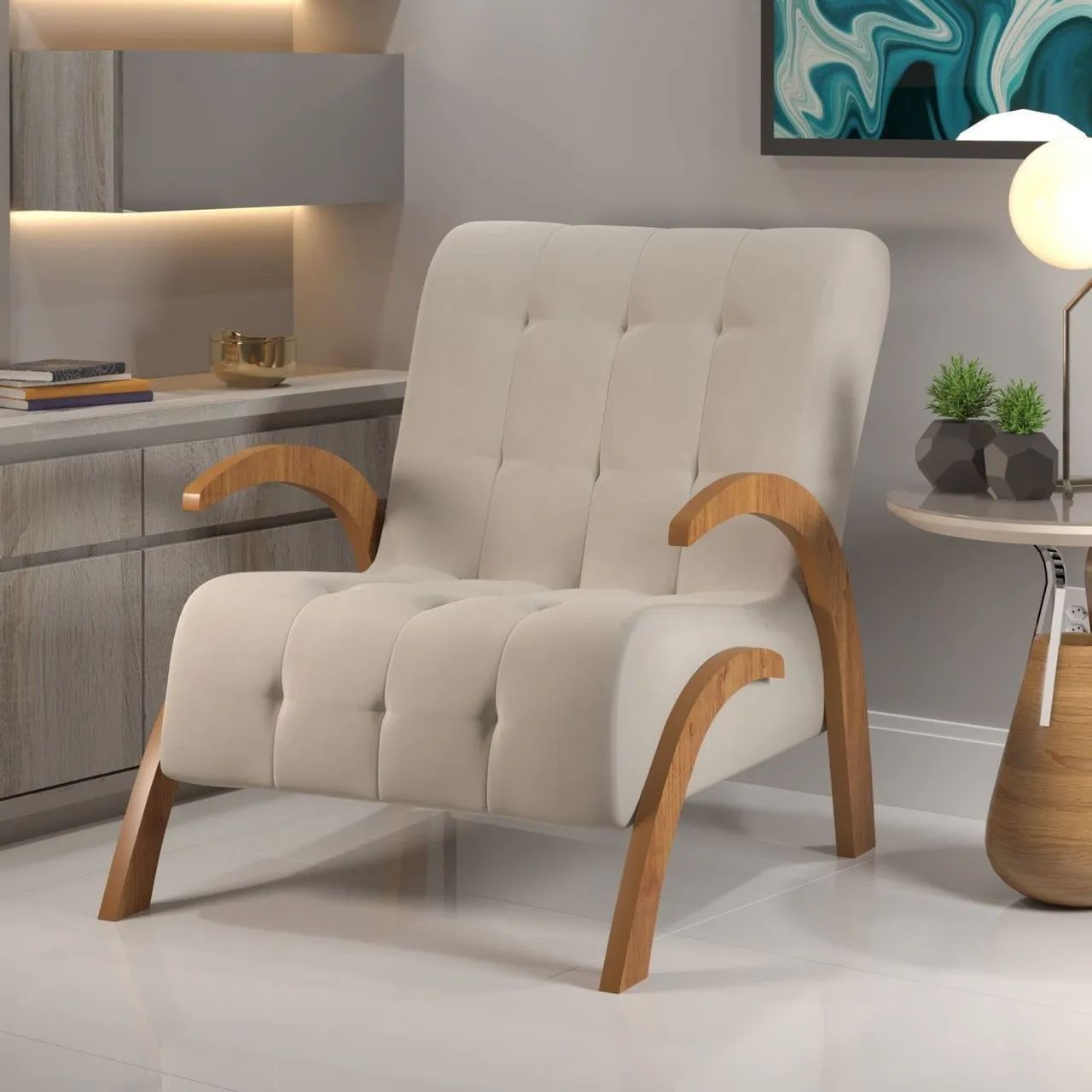 Poltrona Cinza Elegante com Detalhes em Madeira!! Lo - Foto 3