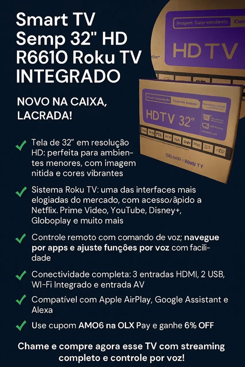 Lacrada Smart TV Semp 32" HD R6610 Roku TV INTEGRADO