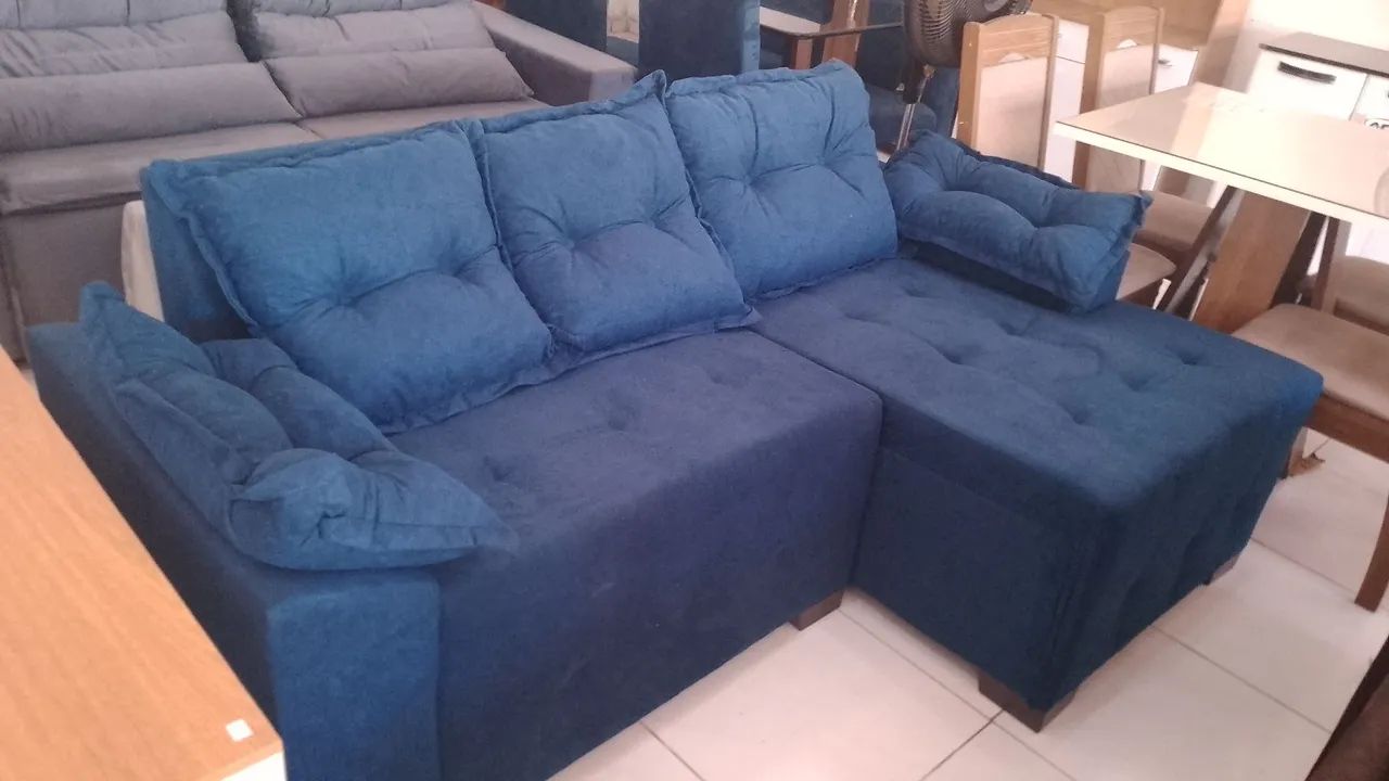 Sofá com chaise azul 3 lugares com entrega grátis aproveite essa promoção 