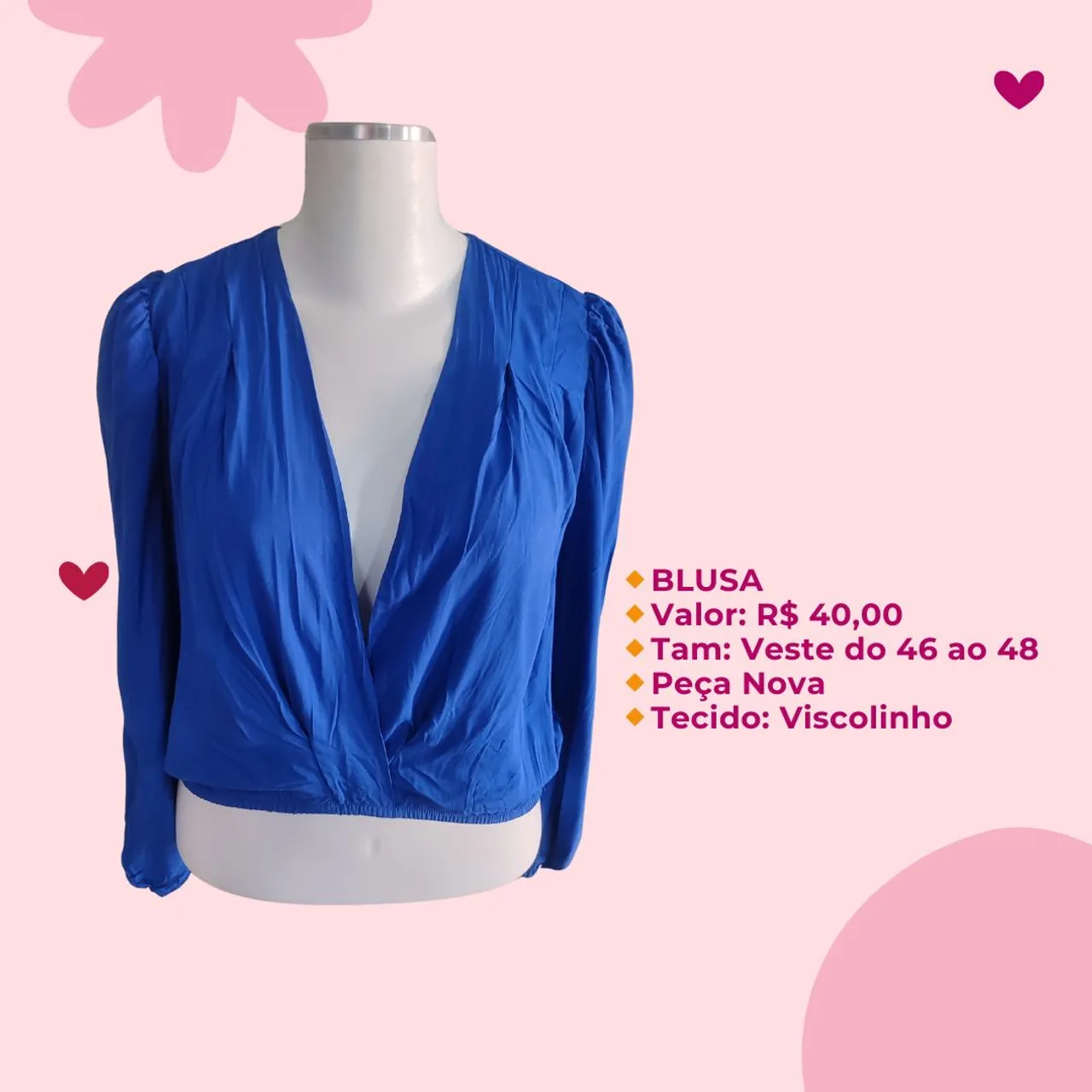 Blusa azul de viscose, tamanho 46 ao 48