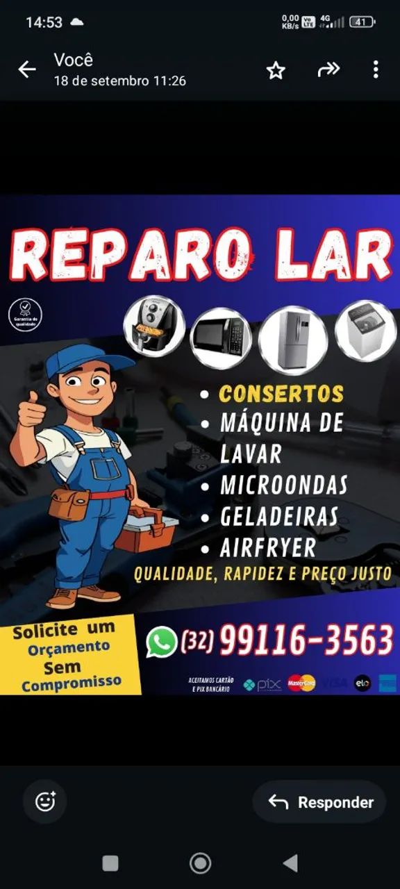 REPARO LAR, CONSERTO EM GELADEIRA, MÁQUINA DE LAVAR, MICROONDAS E AIRFRYER 