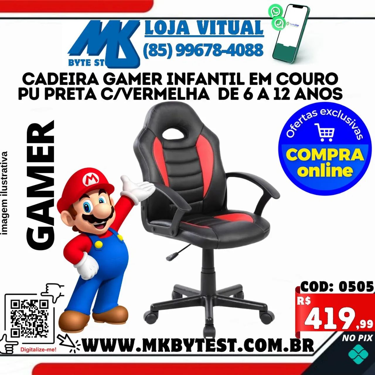 Cadeira Gamer Infantil Couro PU Preta/Vermelha - 6 a 12 anos ...