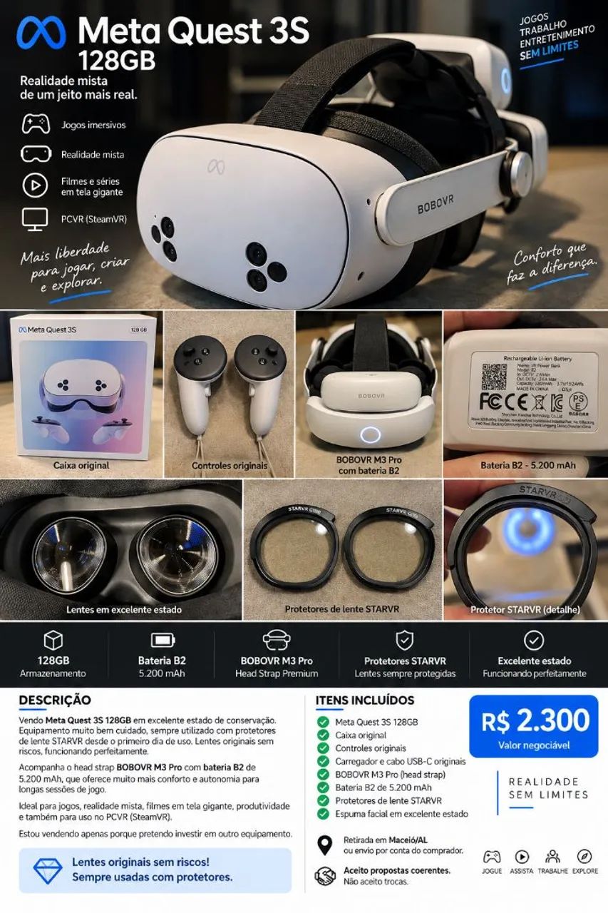 Meta Quest 3S 128GB + BOBOVR M3 Pro + Bateria B2 + Protetores