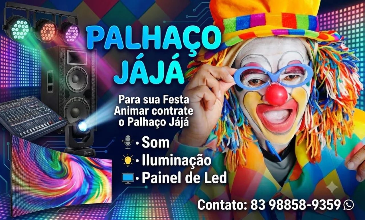 Palhaço, som, iluminação, painel de led
