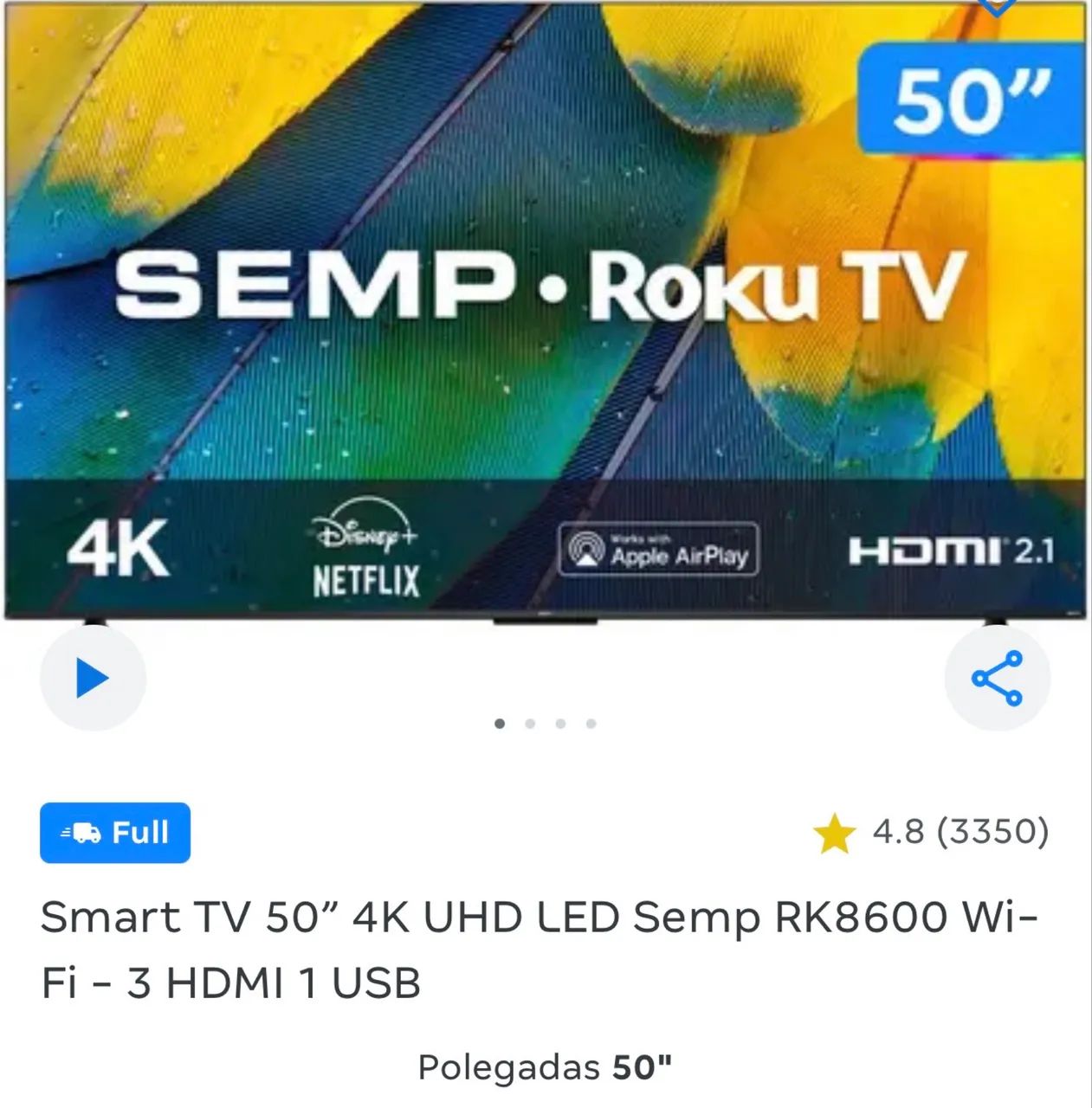 Smart TV 50" 4K UHD LED Semp RK8600 WiFi - 3 HDMI 1 USB