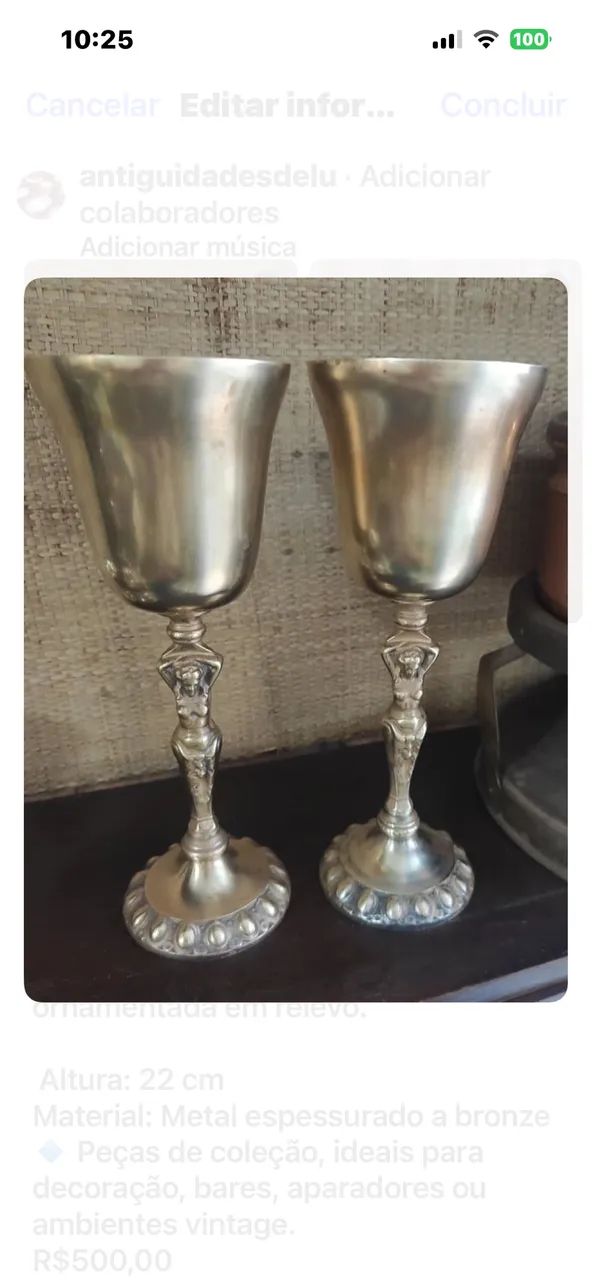 Par de taças  com linda ornamentação na pega bronze - Foto 2