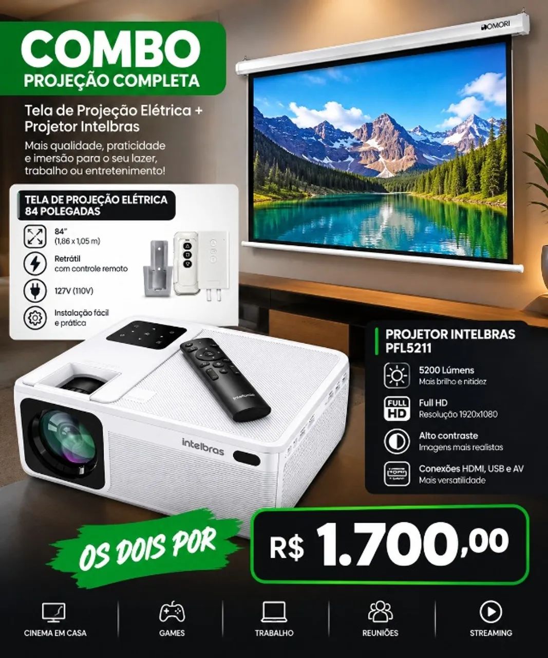 Projetor e tela retrátil elétrica