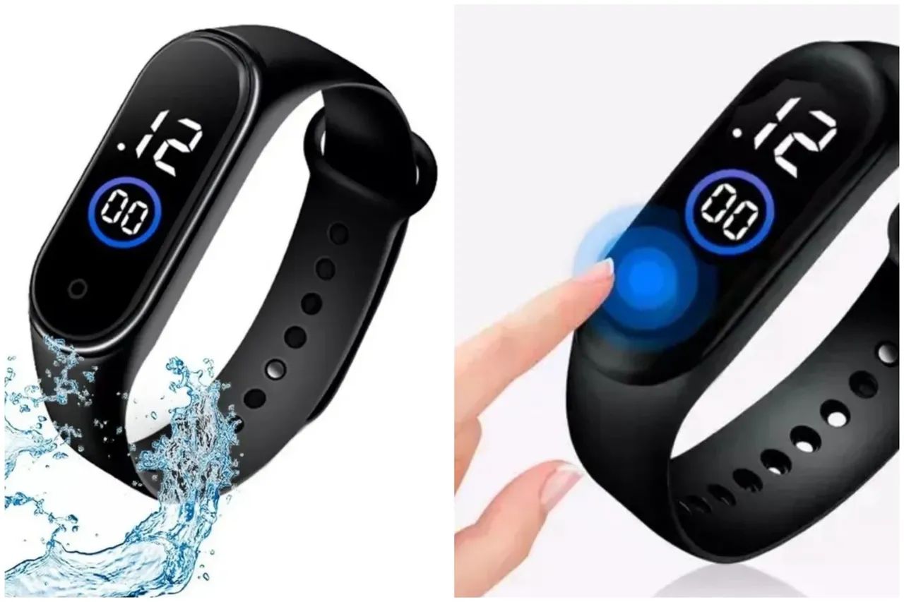 Relógio digital com pulseira de borracha. 