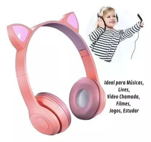 Headset Fone De Ouvido Bluetooth Led Orelha Gato Headphone Cor Rosa - Loja Natan Abreu  - Foto 2