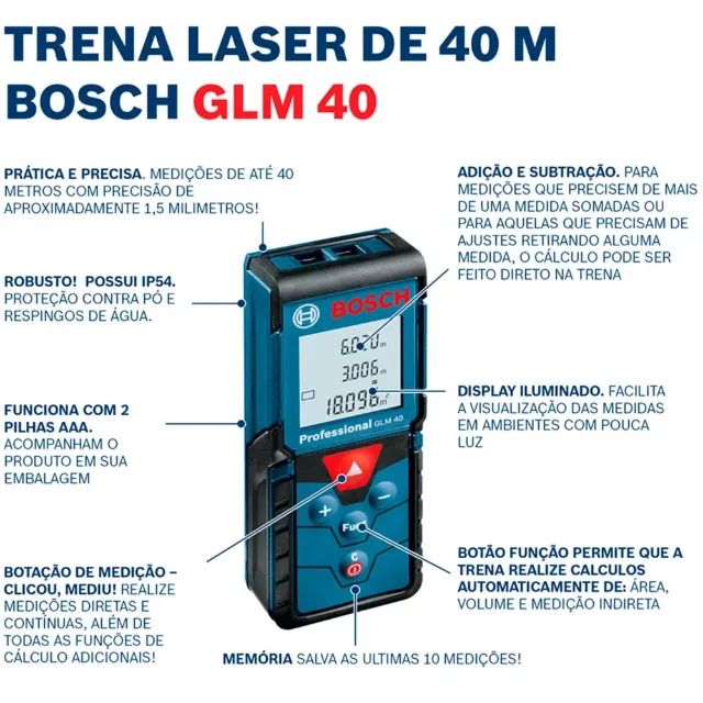 Trena Medidor de Distância Digital 40 Metros Bosch GLM40 Profissional - Foto 2