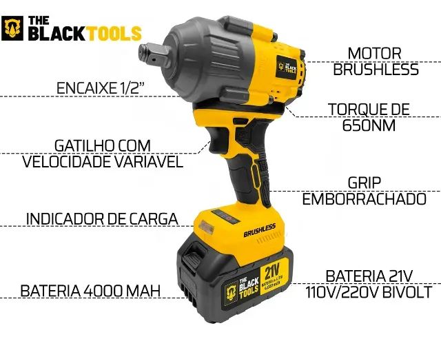 PARAFUSADEIRA CHAVE DE IMPACTO BATERIA LÍTIO 21V MOTOR BRUSHLESS 650NM 66KGF.M TB21IX  - Foto 3