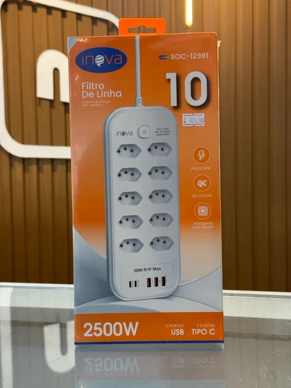 Filtro de Linha Inova 10 Tomadas + USB e Tipo C 22W 25002