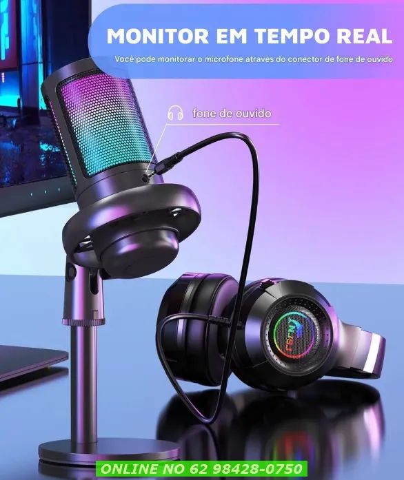 Microfone Gamer Profissional Com Led Rgb Condensador e saida de fone top qualidade - Foto 6