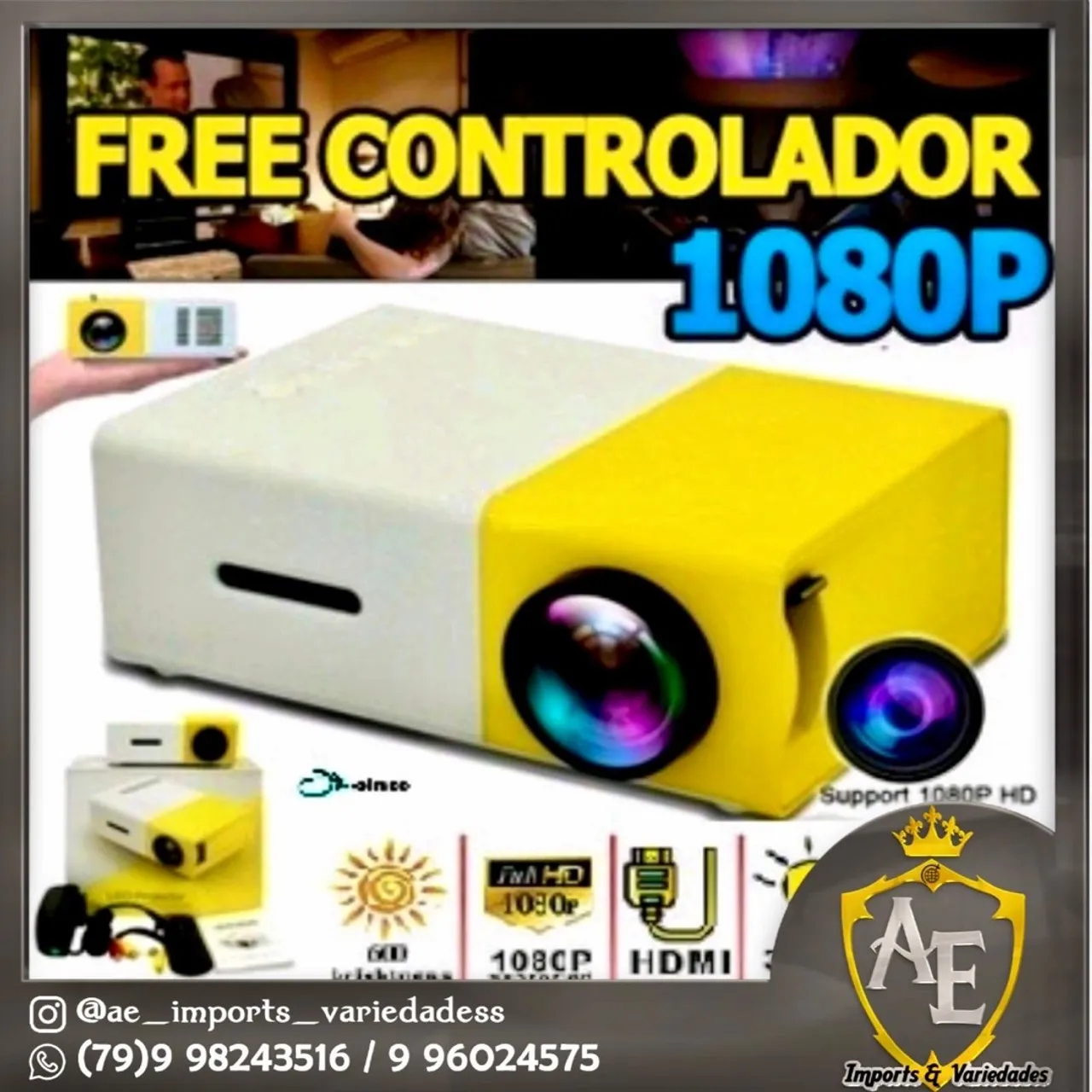 Projetor Portátil 1080P Full HD com Controle Remoto