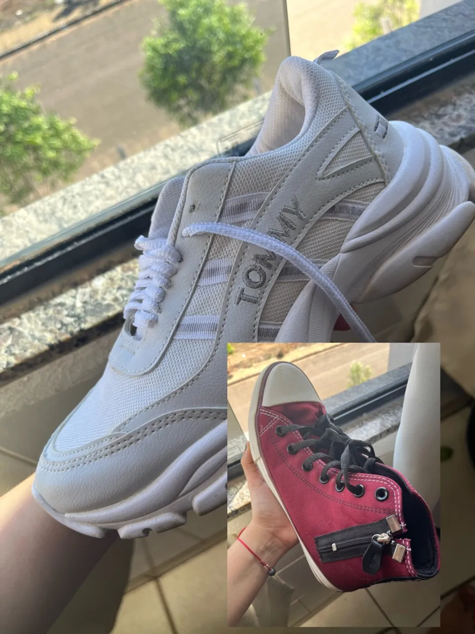 Tênis Tommy Branco e Converse Vermelho