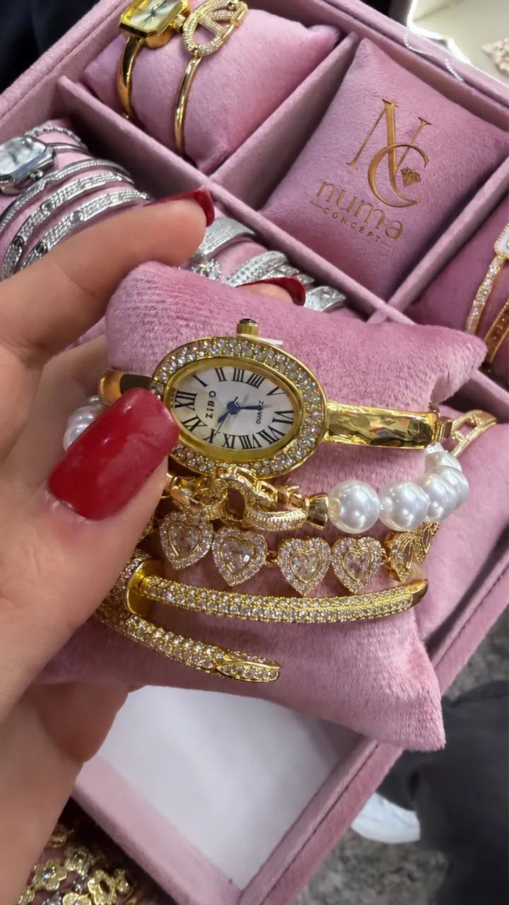 Conjunto relógio folheado 