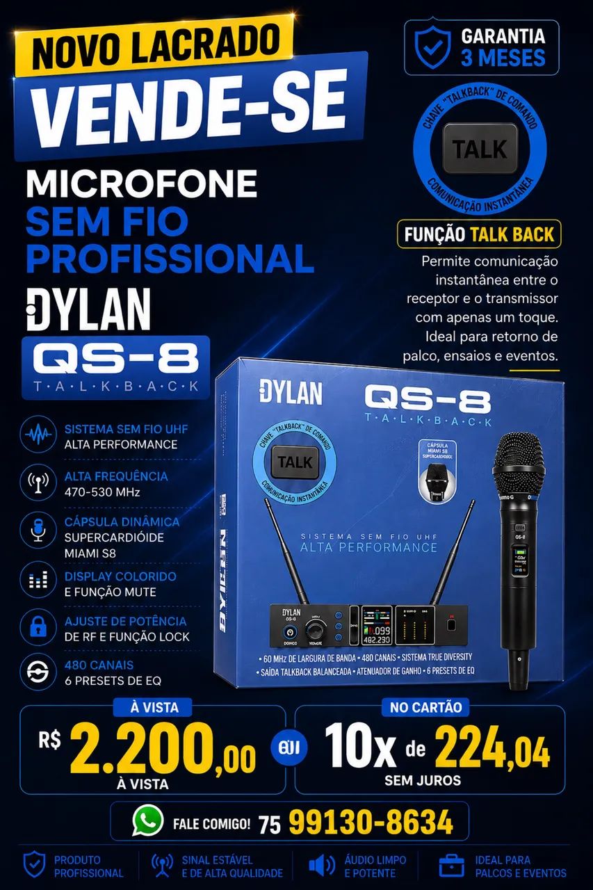 MICROFONE SEM FIO PROFISSIONAL - DYLAN QS-8 TALKBACK