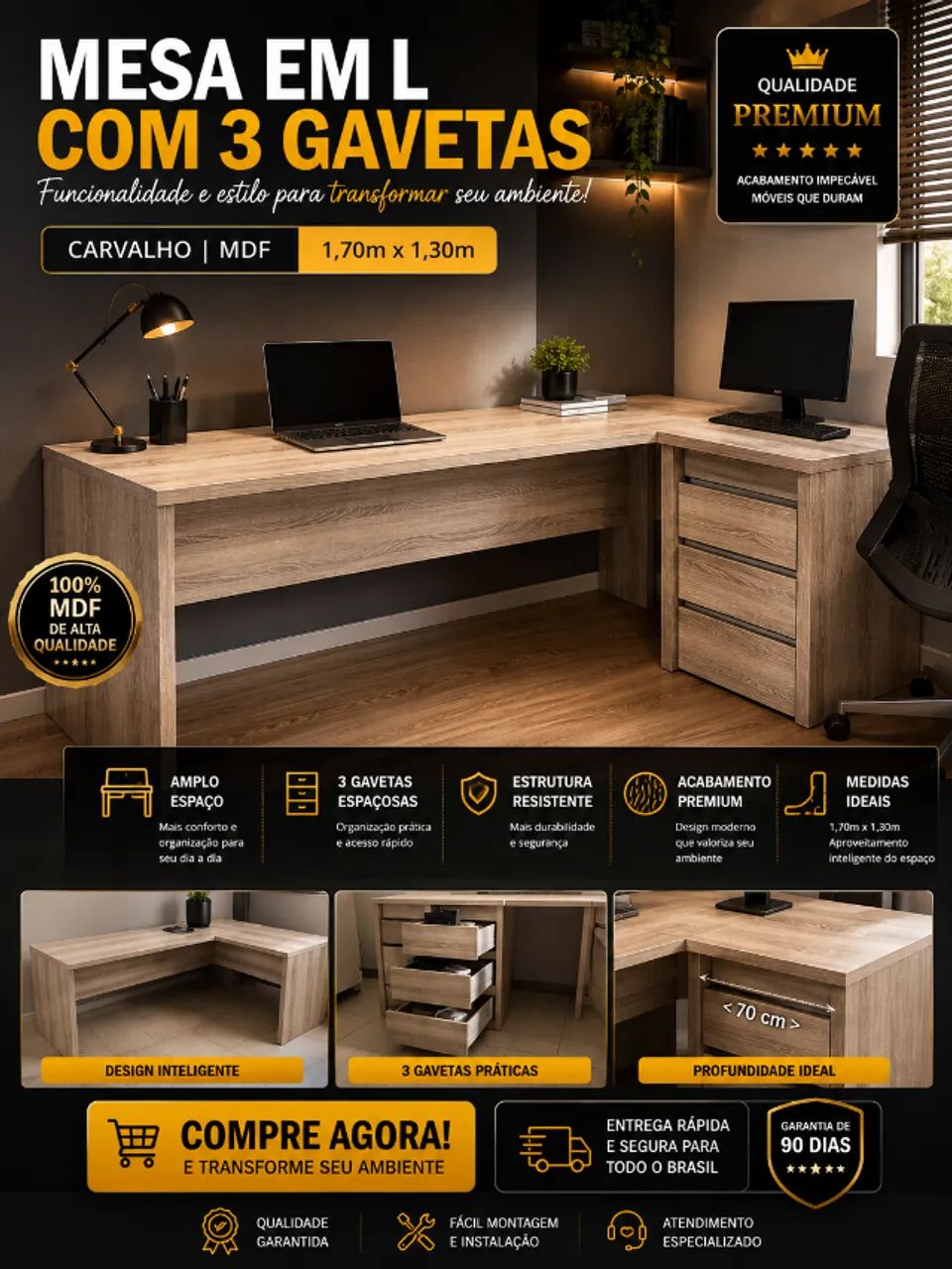 Mesa em L com 3 Gavetas Carvalho MDF 1,70m x 1.30  - Foto 2