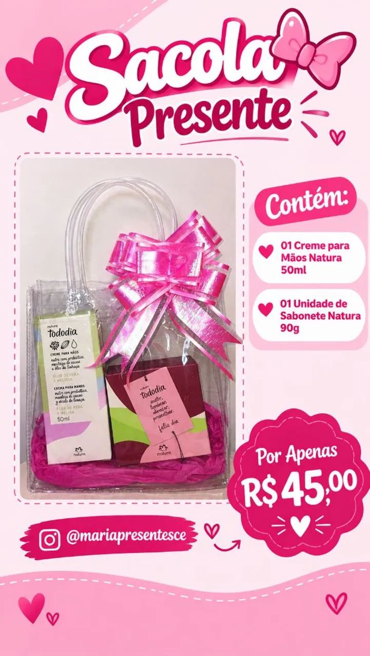 Sacola presente com creme para mãos e sabonete 