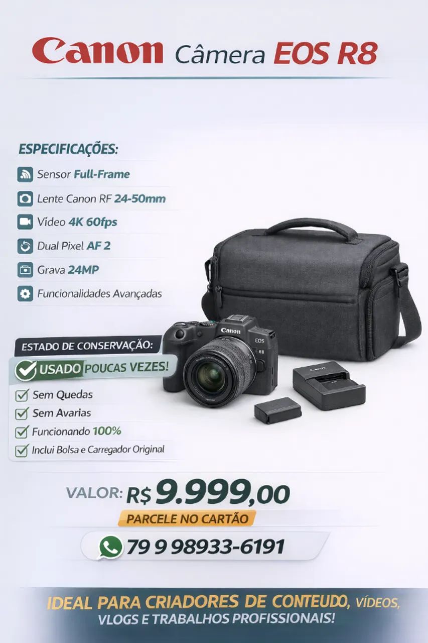 Câmera Canon R8 - Full Frame - Excelente Estado