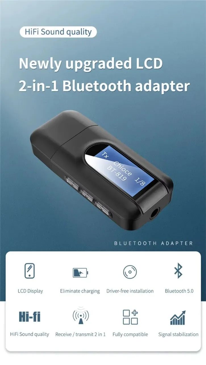 Transmissor e Receptor de Áudio Bluetooth 5.0 USB com Display LCD Estéreo AUX RCA 3.5MM  - Foto 4