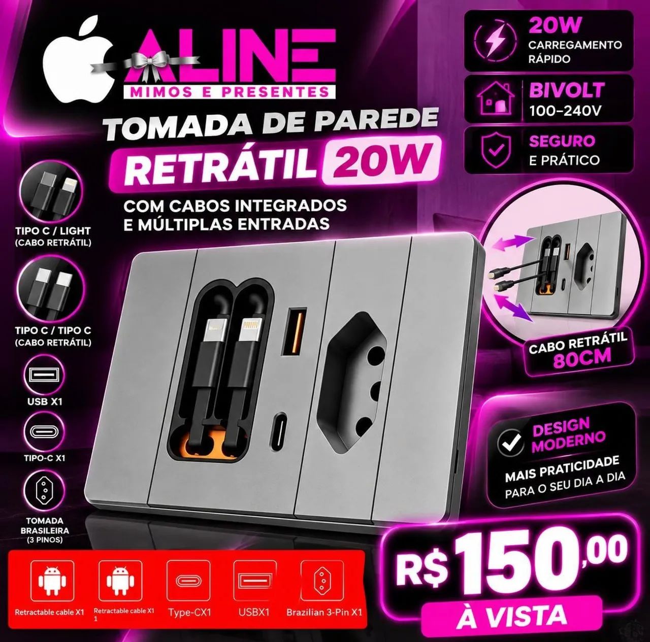 TOMADA DE PAREDE 20W CABO RETRÁTIL 1 TIPOC 1 LIGHTNING 80 CM