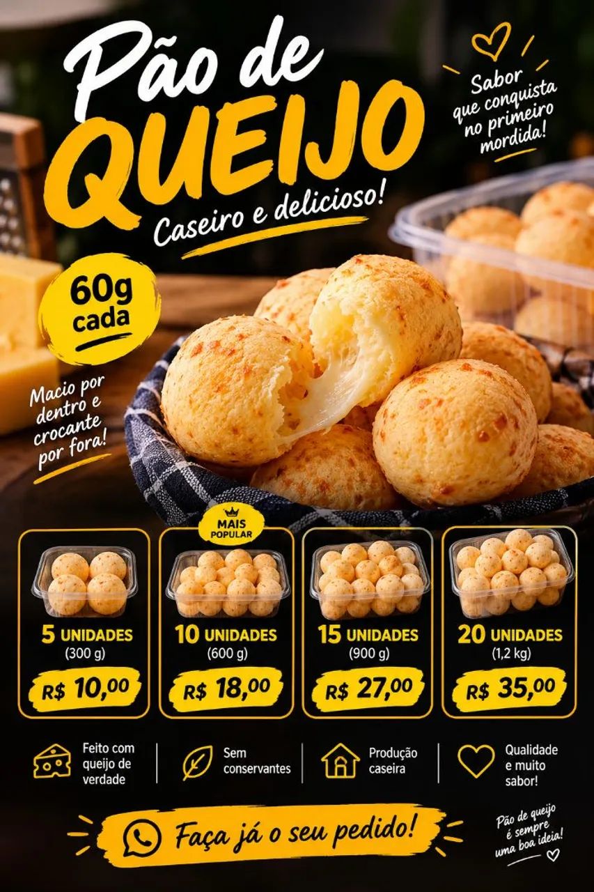 PÃO DE QUEIJO CASEIRO - 60g CADA!