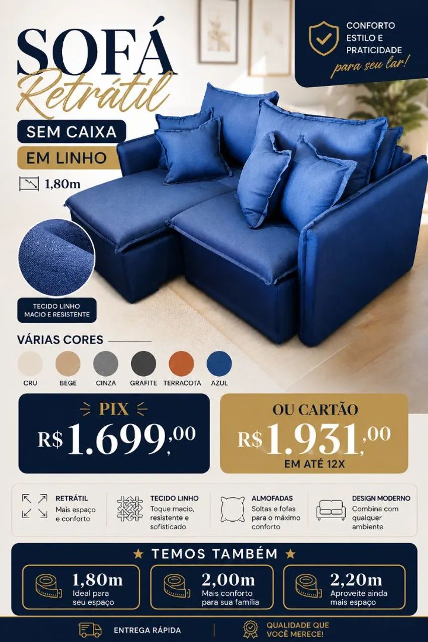Sofá retrátil sem caixa em linho várias cores 1,80