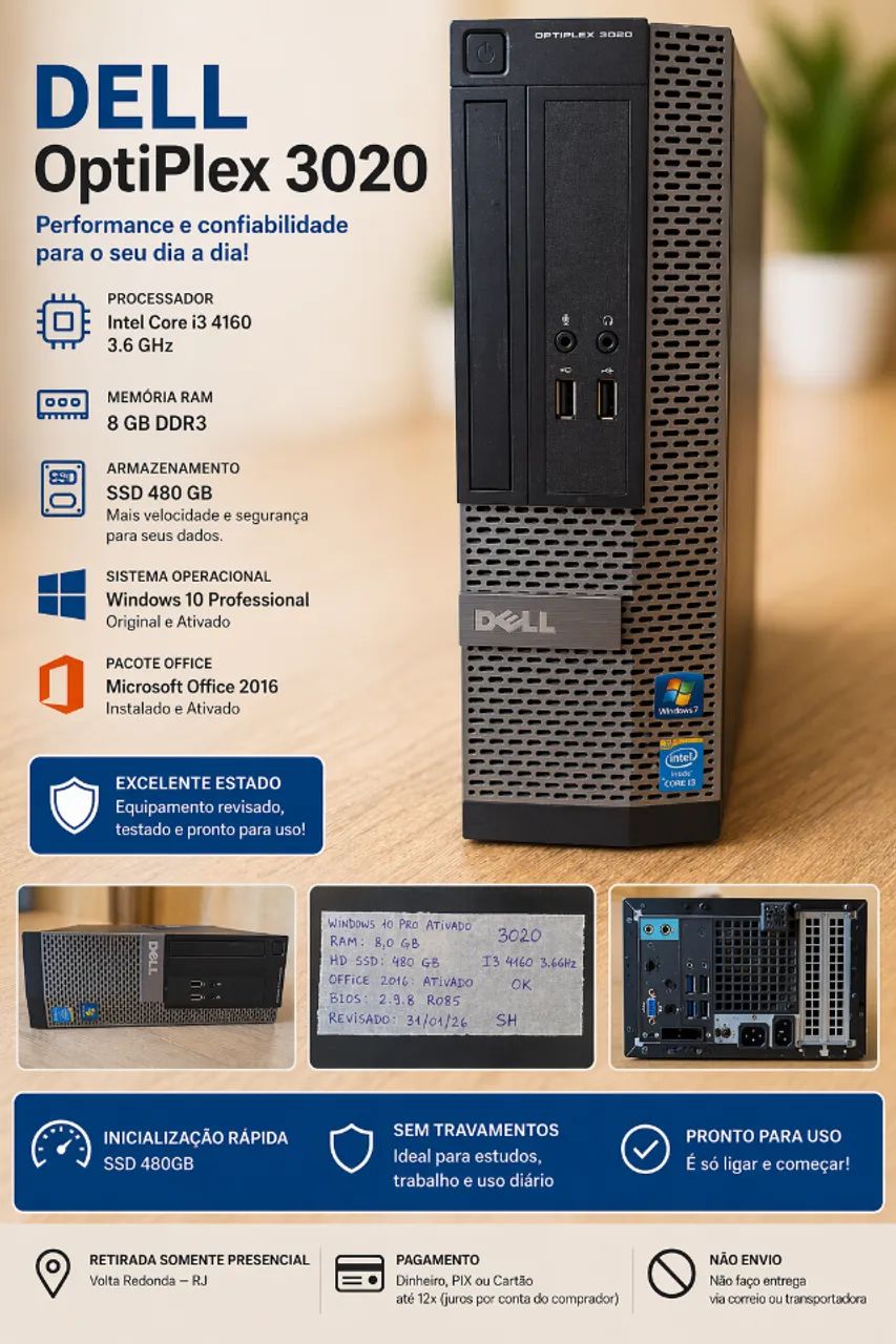 PC Dell Optiplex 3020 i3 SSD 480GB Rápido + RAM: 8GB - Win 10 Pro