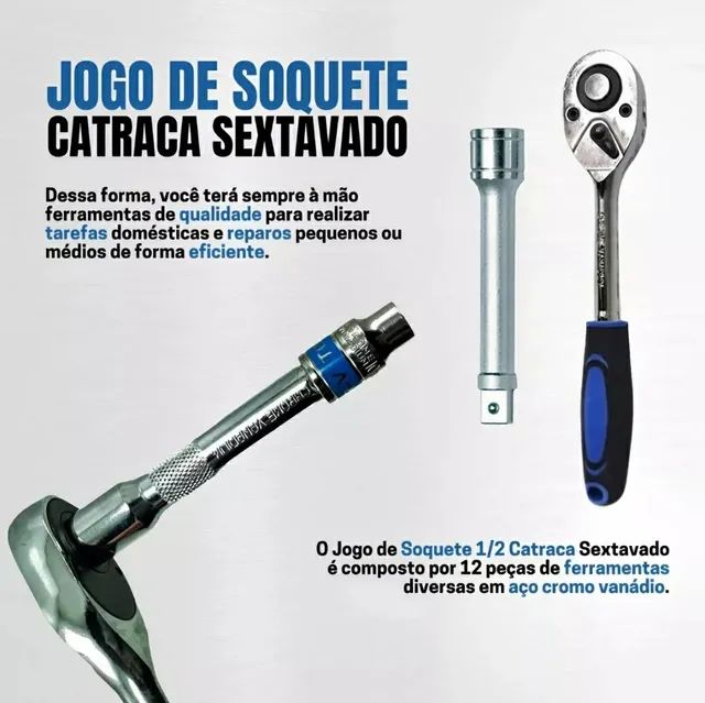 Jogo De Soquete Sextavado 1/2 12 Peças - Com Catraca - Pronta Entrega - Foto 3