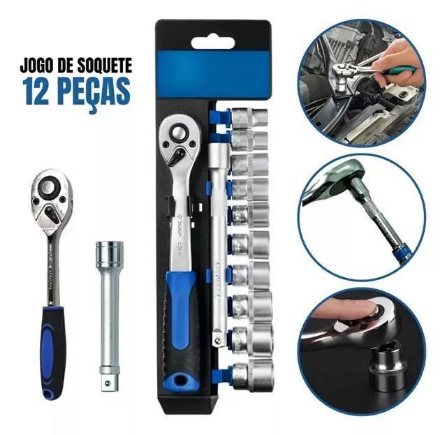 Jogo De Soquete Sextavado 1/2 12 Peças - Com Catraca - Pronta Entrega