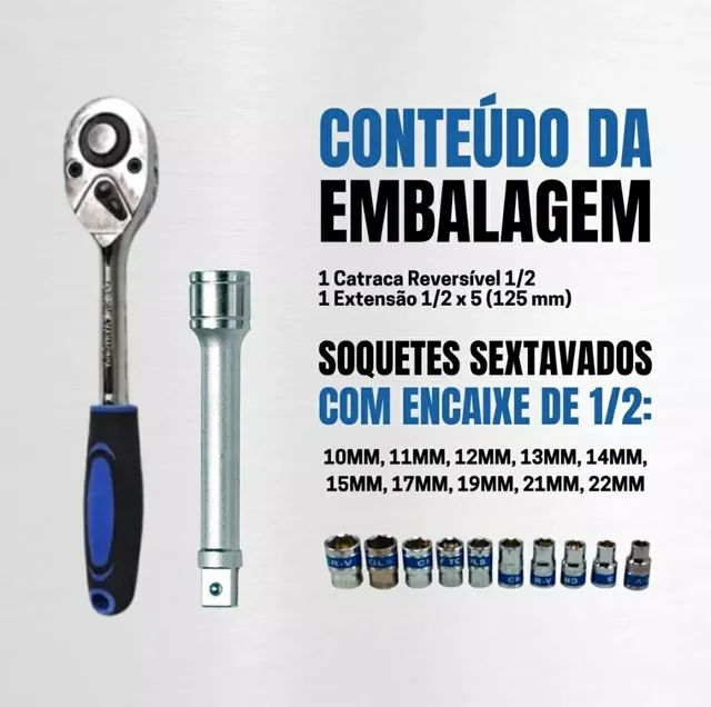 Jogo De Soquete Sextavado 1/2 12 Peças - Com Catraca - Pronta Entrega - Foto 2