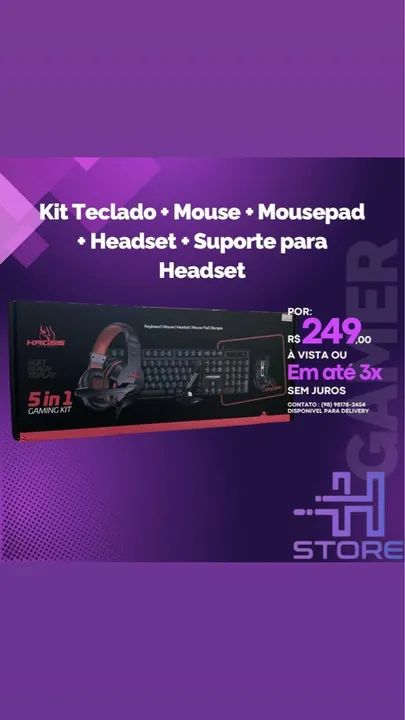 Kit Gamer 5 em 1 - Teclado, Mouse, Mousepad, Headset e Suporte