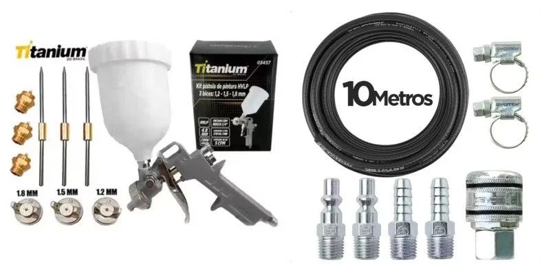 KIT PISTOLA DE PINTURA GRAVIDADE  E MANGUEIRA 10M COM JOGO DE ENGATE RAPIDO 