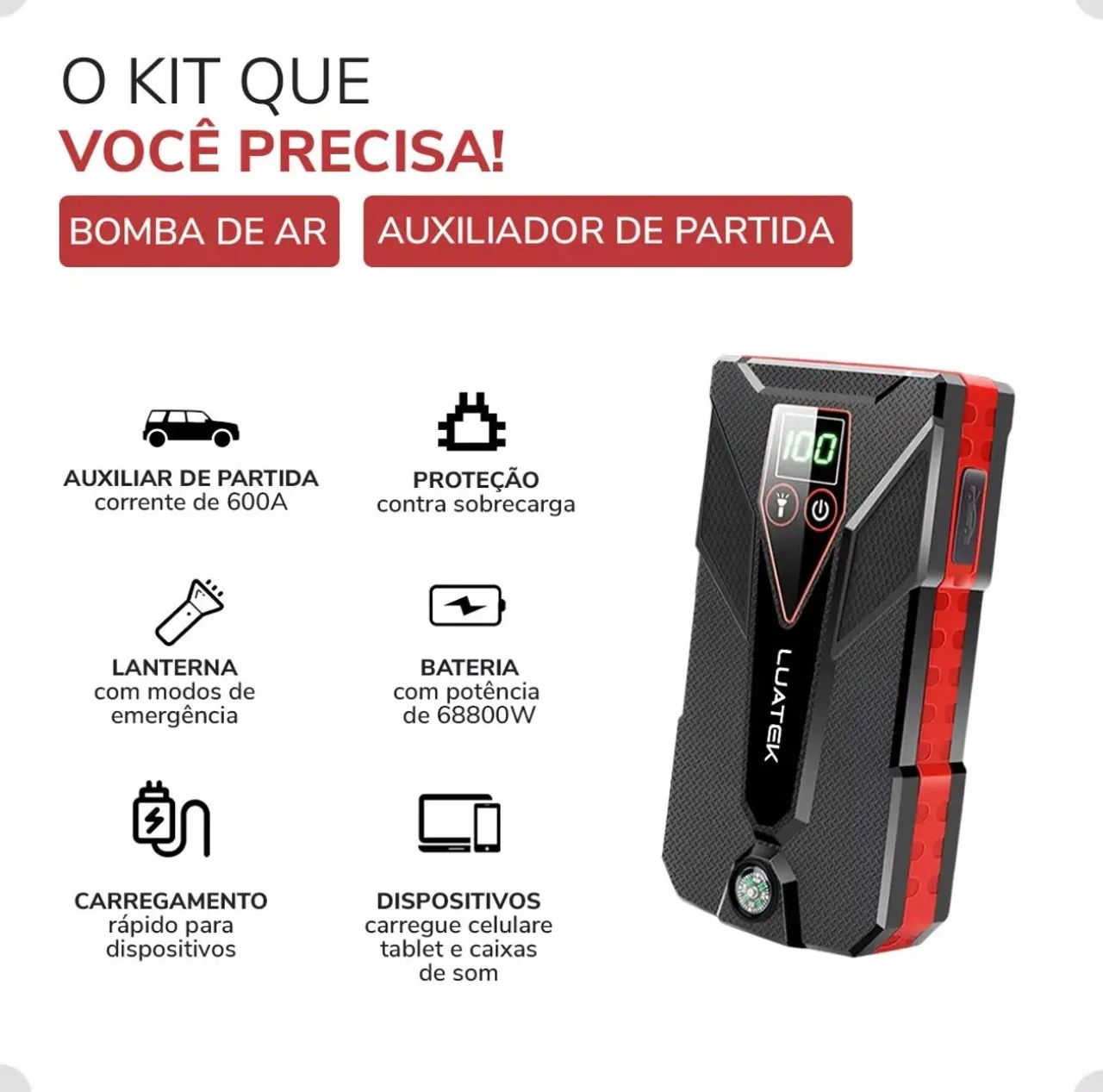 Auxiliar de partida Luatek compressor luz de emergência Power bunker - Foto 6