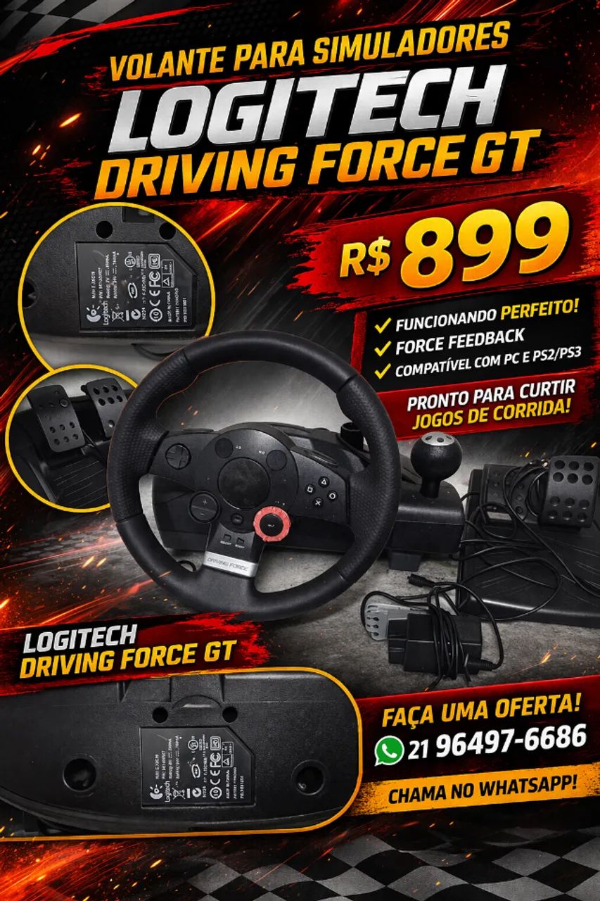 Volante Logitech Driving Force GT + Pedais + Câmbio | Force Feedback | Multi | Perfeito