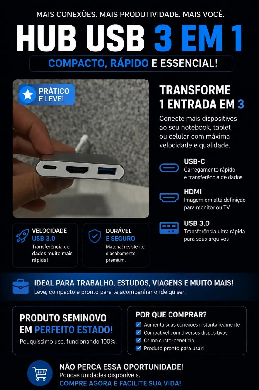 Hub USB 3 em 1 - USB-C + HDMI + USB 3.0 | Compacto e Rápido
