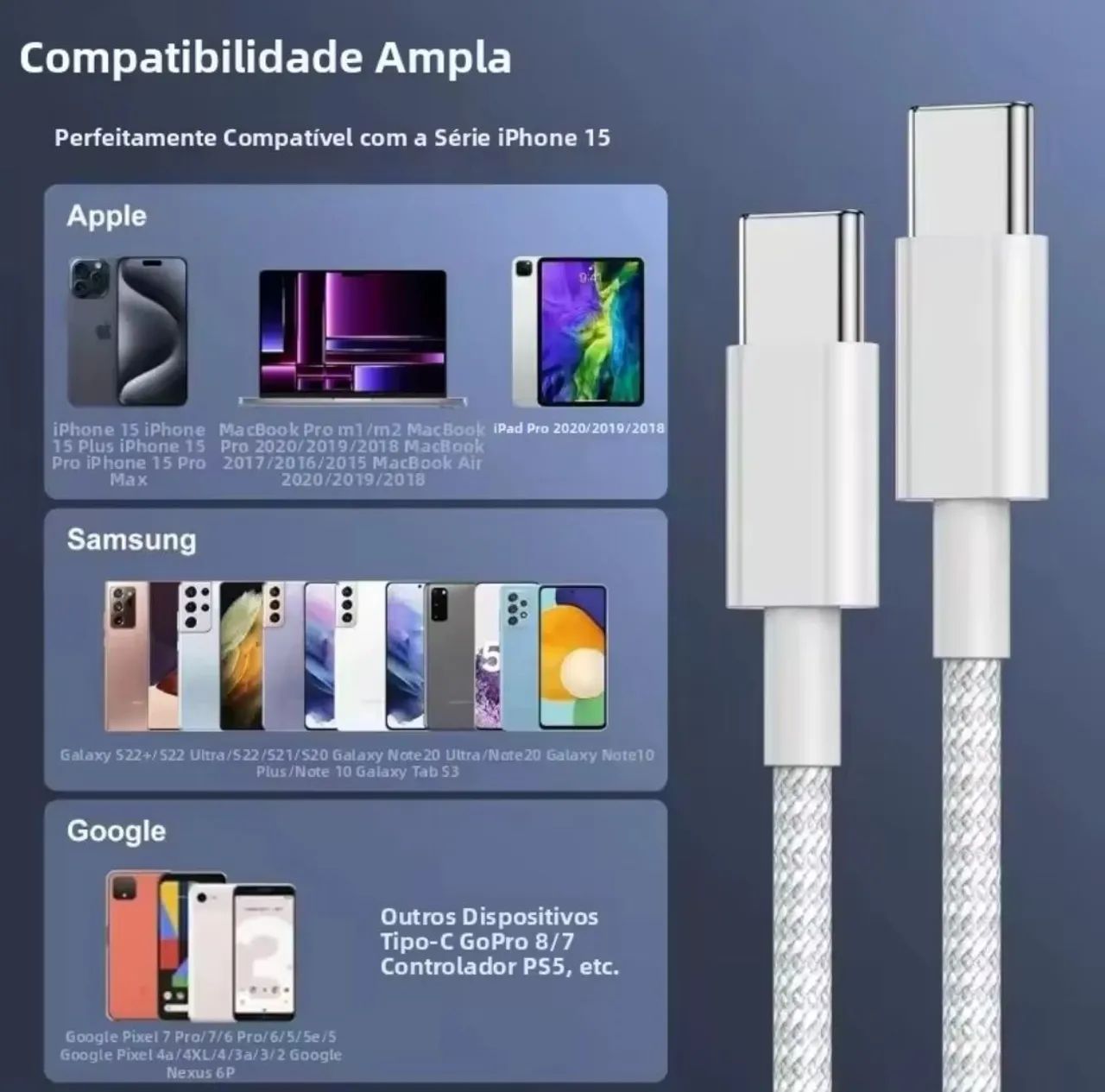 Cabo USB-C para USB-C para smartphone, pc