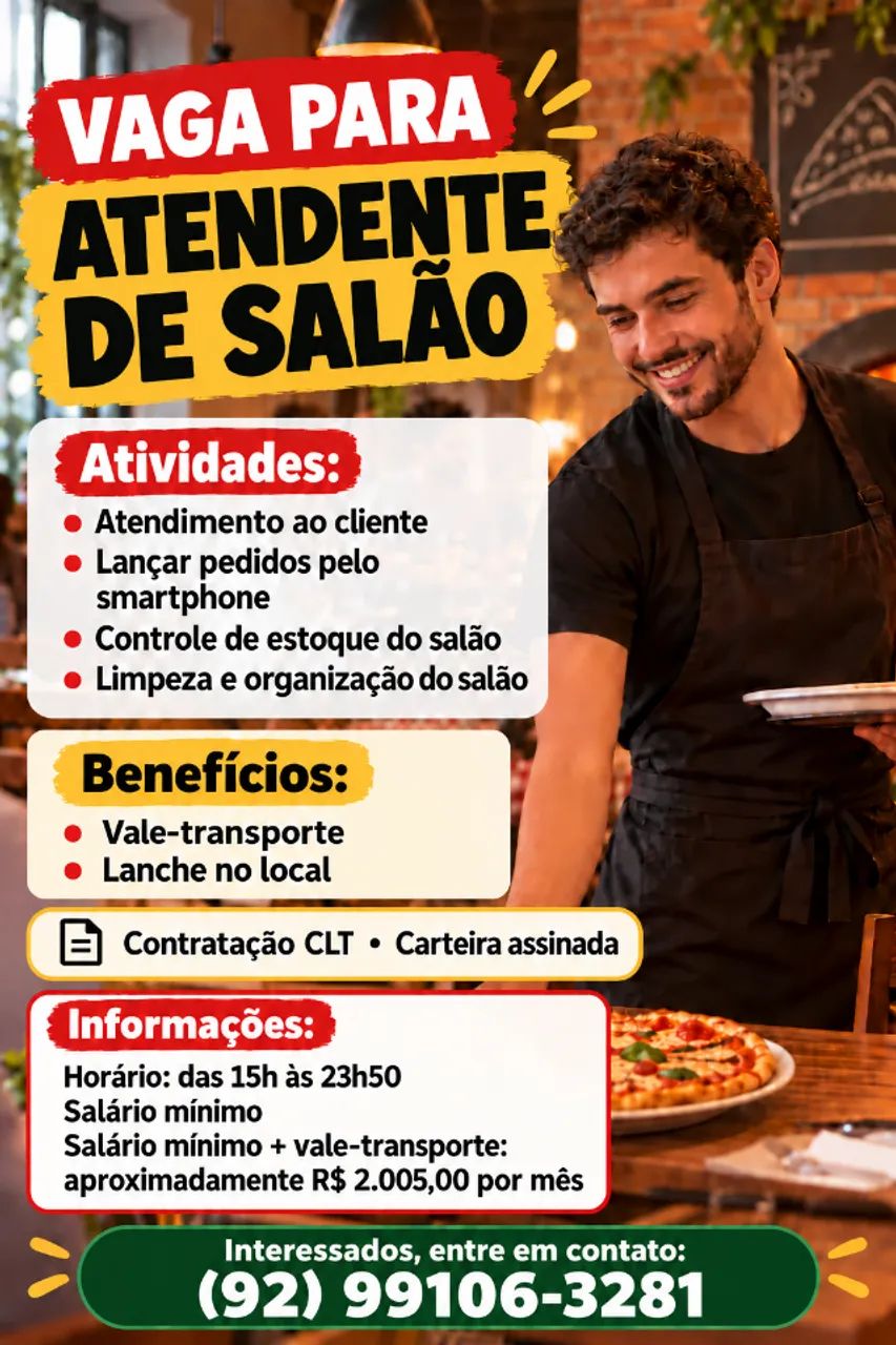 VAGA ATENDENTE GARÇOM - MASCULINO