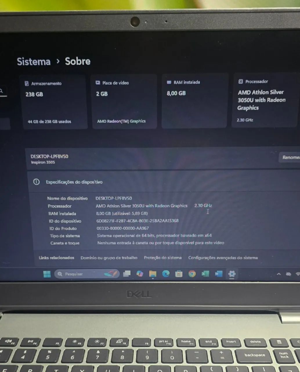 Notebook Dell Inspiron 3505 AMD Athlon Silver 3050U Com Radeon Graphics 2GB SSD 240gb 8gb  - Foto 4