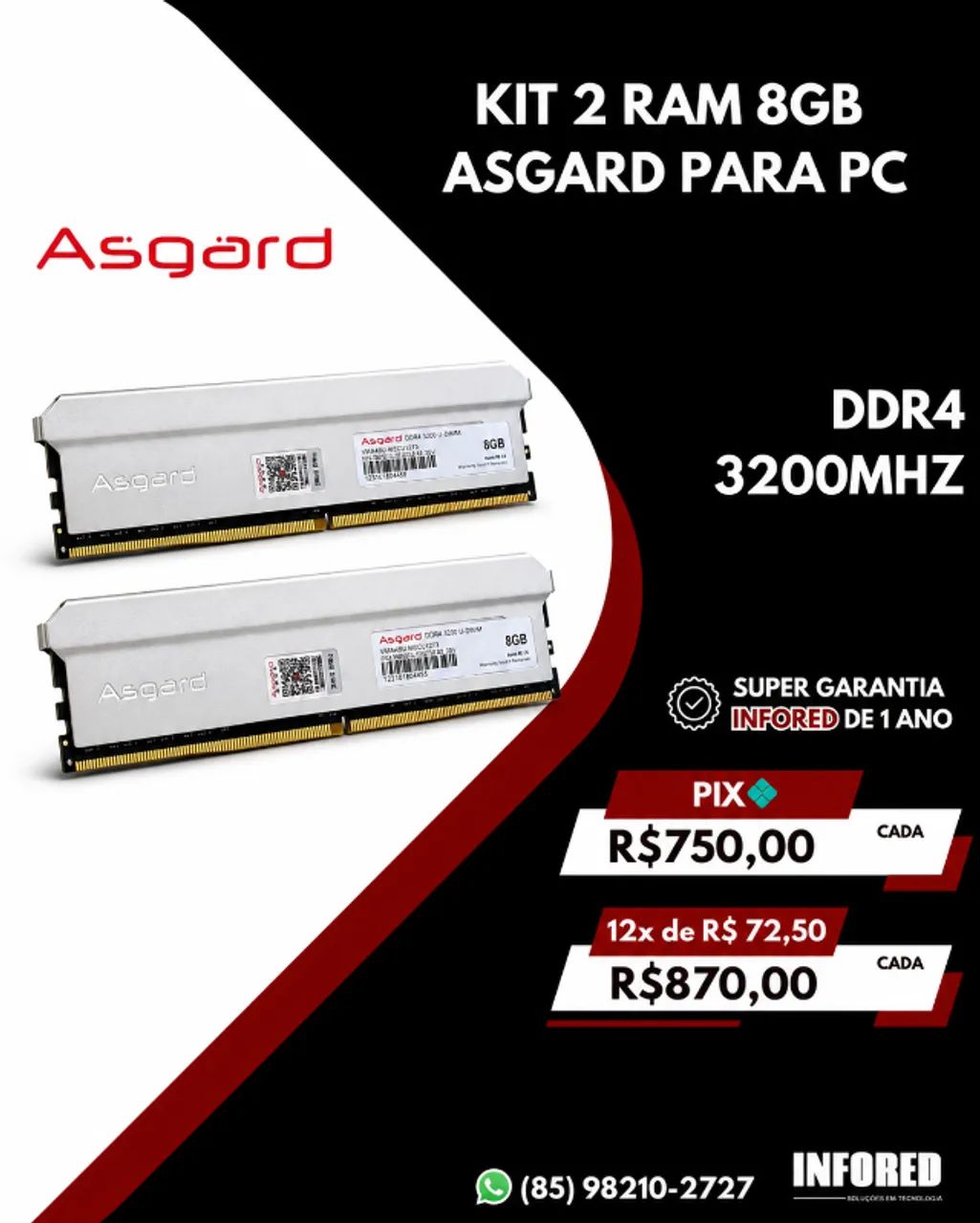 Kit 2 Memórias RAM Asgard 8GB para PC 